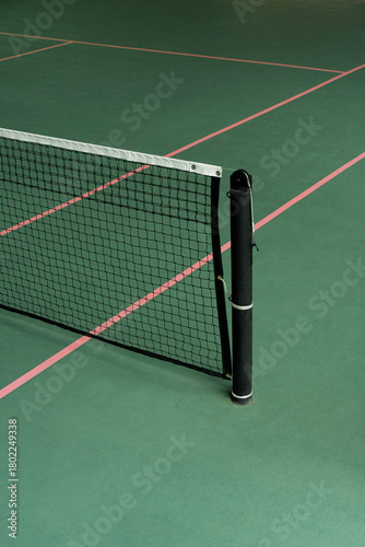 Detail of Tennis or Pickleball Net and Post on Green Court with Pink Lines
