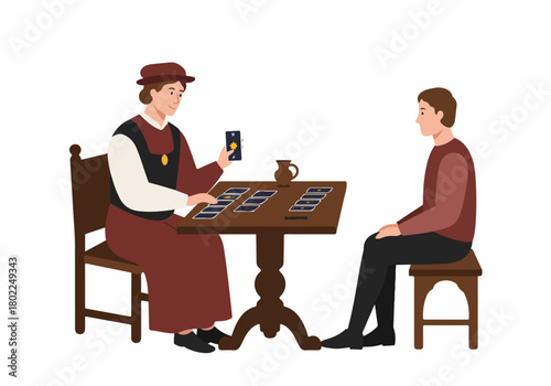 A historical or fantasy-styled character reads tarot cards for a customer at a wooden table, vector illustration.