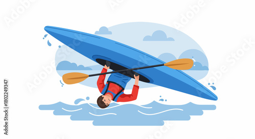 Professional kayaker performing an Eskimo roll (kayak roll) maneuver upside down in the water, demonstrating advanced paddling technique.