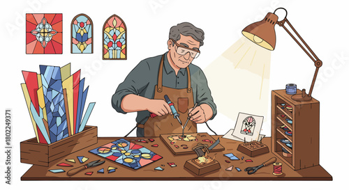 Stained glass artisan soldering colorful glass pieces at a brightly lit workbench, demonstrating traditional craftmanship and skill.