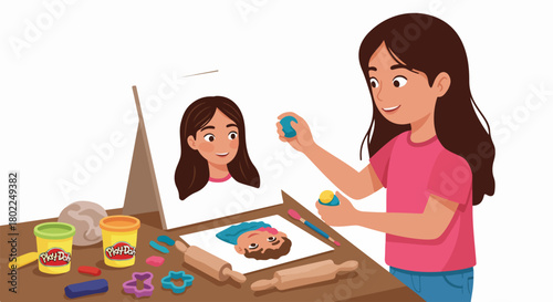 Cheerful young girl having fun sculpting with colorful Play-Doh and modeling clay on a table, engaging in creative development activities.
