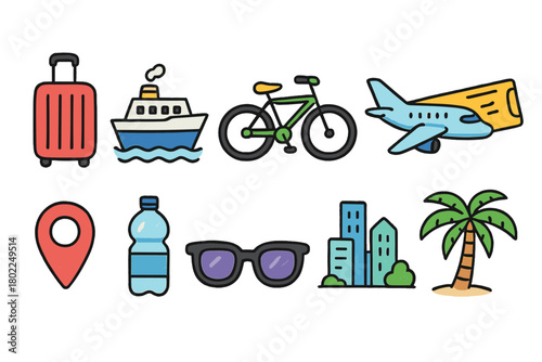 Travel and tourism outline icon set with vacation, transport, and nature symbols
