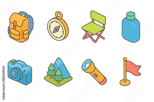 Camping, outdoor flat icon set. Adventure, exploration and equipment icons collection