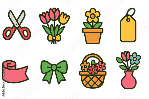 Gardening tools and flowers flat icon set with vibrant colors for your projects