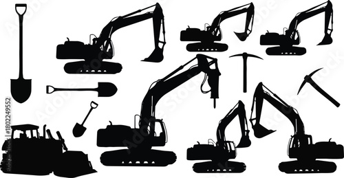 Silhouettes of various heavy equipment and construction tools: excavators, bulldozers, shovels and pickaxes in various positions.