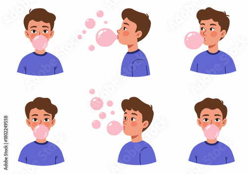 Young man blowing pink bubble gum set. Various cartoon vector illustrations of a person chewing and inflating gum bubbles, isolated on white background.