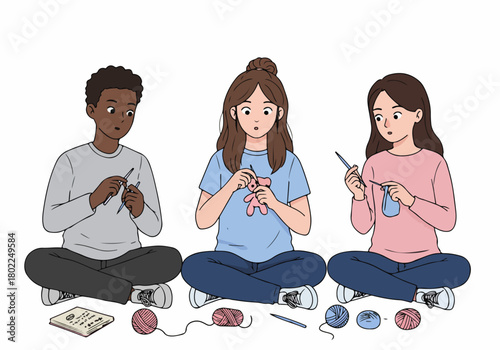 Diverse young adults enjoying a knitting and crocheting hobby, sitting cross-legged with yarn and needles.