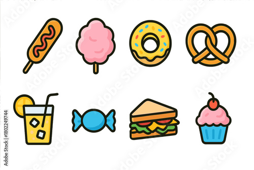 Food and snack icon set. Delicious, flat food items and snacks collection