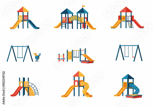 Colorful flat vector icon set of various isolated playground equipment modules including slides, swings, and climbing frames for kids' entertainment.