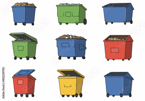 Collection of cartoon dumpsters and garbage containers in various colors (blue, green, red, yellow), depicting waste management and overflowing trash.