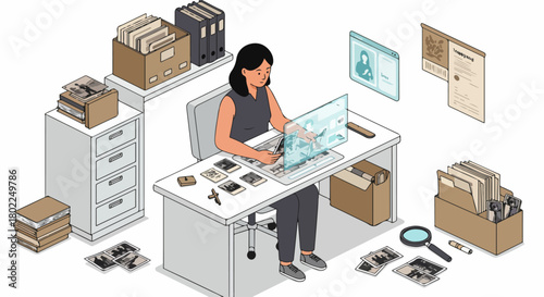 Woman Archiving Historical Documents and Photos Using Holographic Interface and Physical Records in a Busy Office Setting