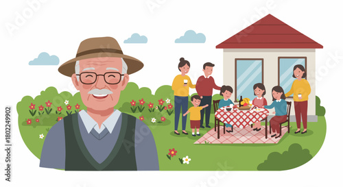 Smiling Grandfather Portrait and Multi-Generational Family Gathering for an Outdoor Picnic in the Garden.