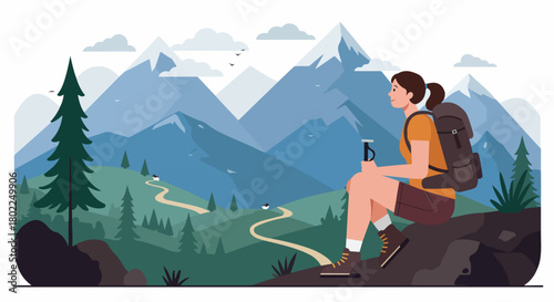 Woman taking a break on a mountain trail, enjoying the view of snowy peaks and forest scenery.