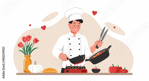 Happy professional chef cooking with passion, flipping ingredients in frying pans over a stove, flat vector illustration.