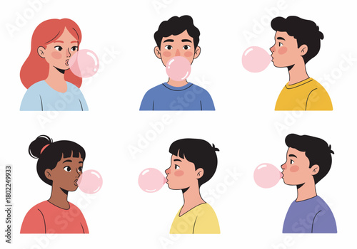 Diverse group of young people blowing large pink bubble gum bubbles, isolated flat modern cartoon illustration set on white background.