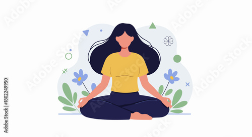 Woman meditating in a calm setting, practicing mindfulness and self-care amidst stylized floral and abstract elements.