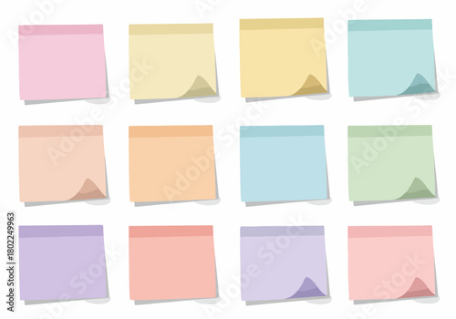 Twelve blank pastel sticky notes arranged in a grid, including pink, yellow, blue, and purple. Vector illustration of sticky memo papers for reminders and messages.