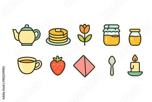 Breakfast outline icon set. Tea, pancakes, floral, honey, strawberry line symbols collection