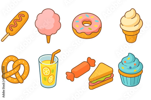 Food and sweets icon set. Delicious snacks and desserts flat icon collection