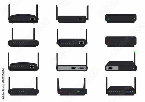Vector set of various black Wi-Fi routers and network modems illustrating internet connectivity and home networking equipment on a white background.