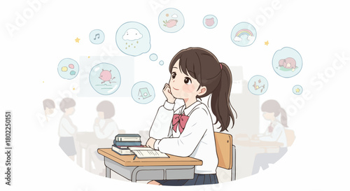 Japanese schoolgirl daydreaming in class, surrounded by bubbles of imagination, music, and whimsical thoughts during a lecture.