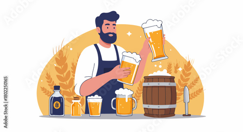 Professional Brewer Pouring Fresh Craft Beer Glasses with Ingredients and Barrel in the Background.