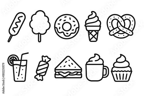 Food, drink outline icon set. Snacks, desserts, and beverages icons collection