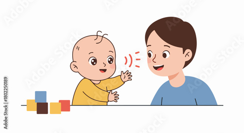 Early Communication and Language Development: Caregiver talking to a smiling baby during playtime with building blocks.
