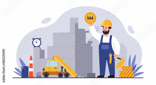 Builder in hard hat holding a 544 reward coin amidst construction site elements, illustrating project success and achievement.