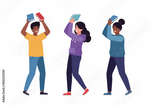 Three diverse students smiling and celebrating academic success, raising books high.