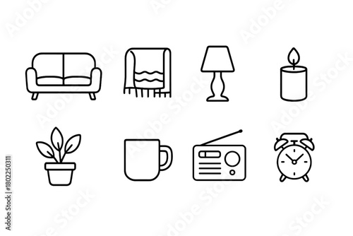 Home and decor outline icon set. Furniture, lighting, plant, and more outline collection