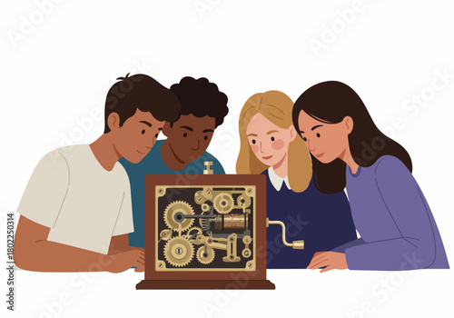 Diverse students exploring the intricate mechanics of an antique clockwork machine in a detailed illustration of learning and curiosity.