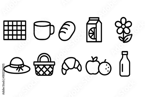 Picnic and breakfast outline icon set. Food, drink, nature and leisure icons collection