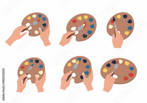 Six illustrations of hands holding a wooden palette with oil or acrylic paints, mixing colors using a painting knife, isolated on white.