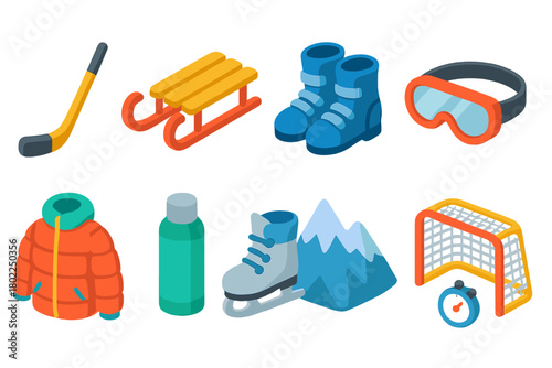 Winter sports flat icon set. Skiing, snowboarding, ice skating icons flat collection