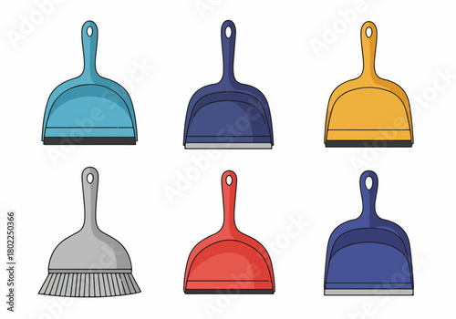 Colorful set of cartoon dustpans and a hand broom illustration, domestic cleaning tools collection for housework.