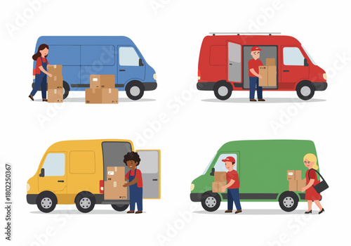 Flat vector illustration set showing four scenes of diverse couriers and people loading and unloading delivery vans with cardboard packages for logistics and e-commerce.