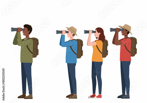 Diverse group of four travelers or hikers using binoculars to search for something, wearing backpacks and outdoor gear. Vector illustration.