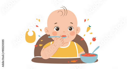 Cute vector illustration of a happy baby learning to self-feed pureed food with a spoon, surrounded by messy splatters and healthy ingredients.