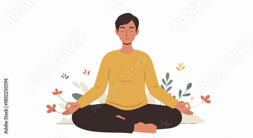Peaceful illustration of a person meditating in a lotus position, surrounded by abstract flowers and foliage, symbolizing mental health and balance.