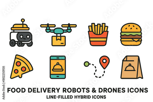 Food delivery robots and drones icon set. Line-filled hybrid food technology graphics.