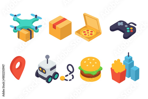 Food and delivery 3d icon set. Robotics, navigation, gamepad, and more icons collection