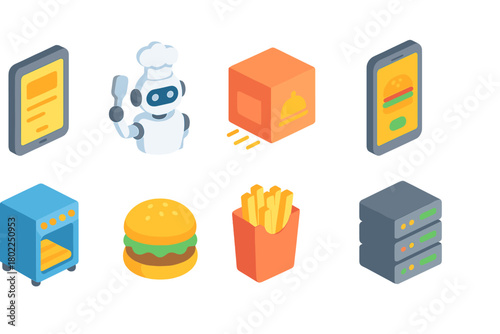 Food delivery 3d icon set with a robot chef, burger, fries, online order
