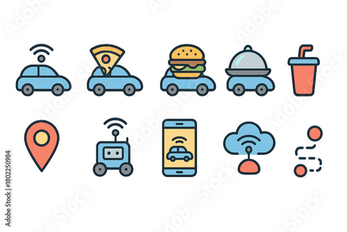 Food delivery and online service outline icon set, featuring burgers and pizza.