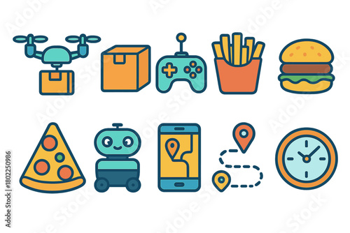 Fast food, delivery flat icon set. Logistics, technology, and food service icons.