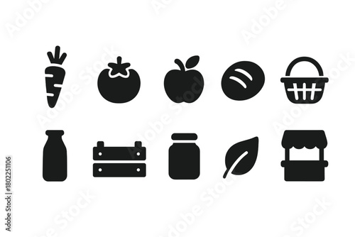 Organic food silhouette icon set. Fresh produce and market silhouettes collection