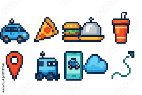 Food and travel pixel icon set. Retro 8-bit style for apps and games.