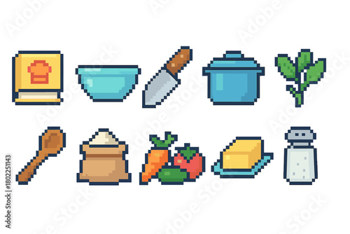 Pixel art cooking icon set. Kitchen, culinary utensils icons in pixelated style