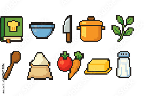 Cooking, kitchen pixel icon set. Recipe, ingredients, cooking tools pixel collection