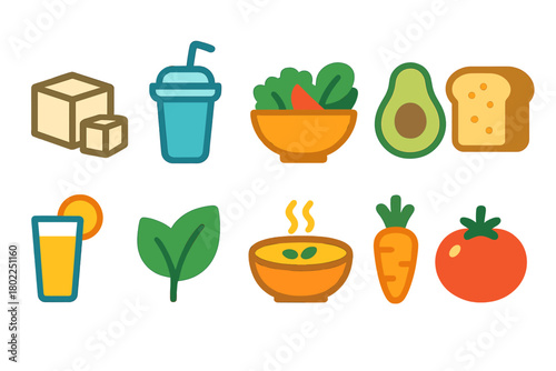Healthy food flat icon set. Fruits, vegetables, smoothie, leafy greens flat collection